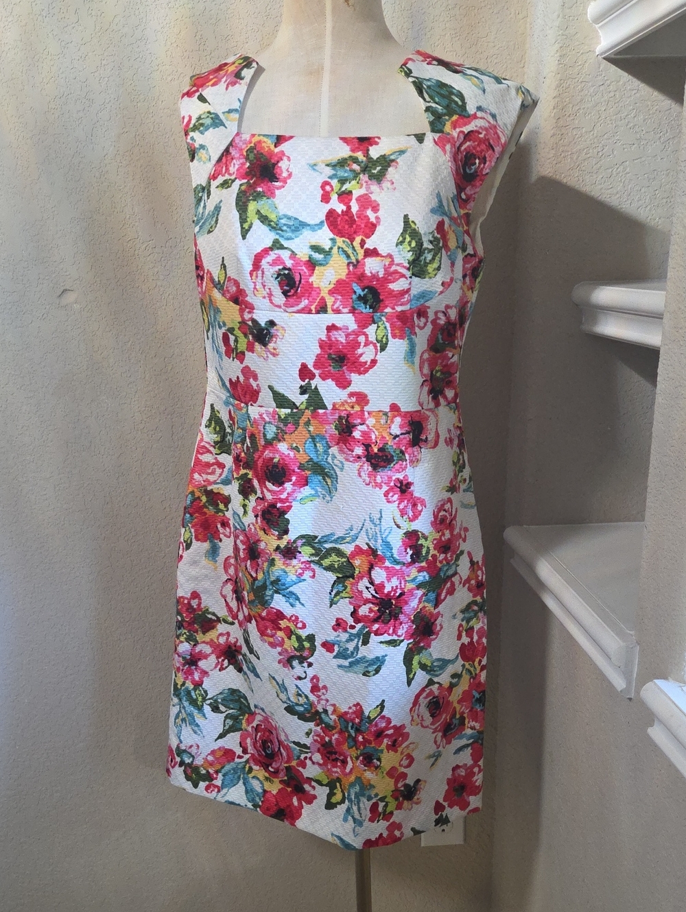 Square-Neck Mini Dress with Pink Floral Print